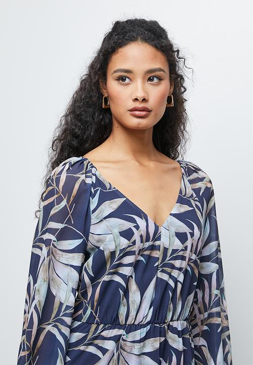 edit - Gauged v-back chiffon maxi - navy palm print
