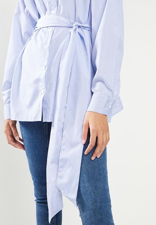 Missguided - Tie waist oversized shirt strip - blue