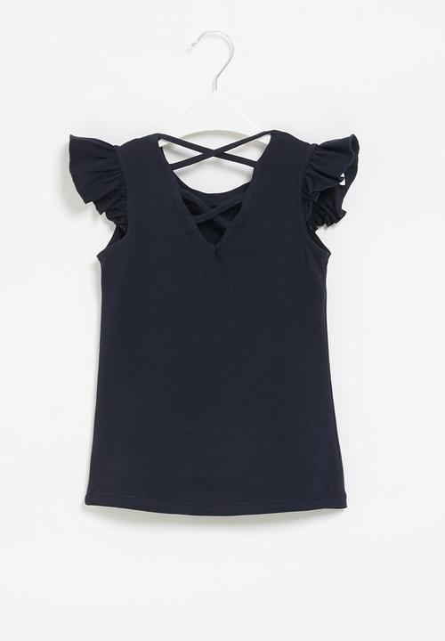 LAB - Girls frill sleeve tee - navy