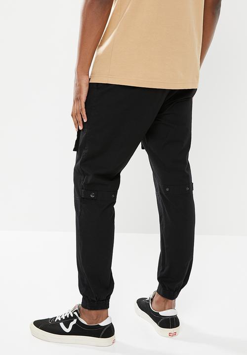 S.P.C.C - Kato regular fit elasticated, cargo woven joggers - black