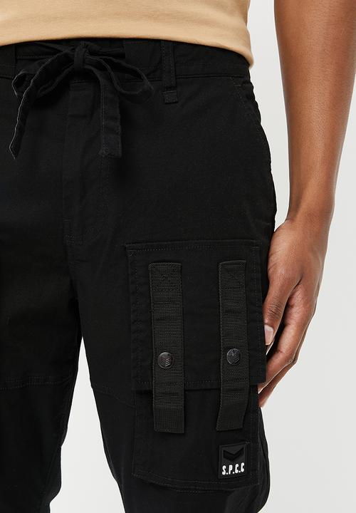 S.P.C.C - Kato regular fit elasticated, cargo woven joggers - black