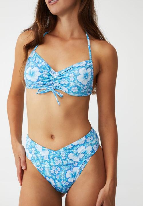 Cotton On - Highwaisted cheeky bikini bottom - speckled hibiscus blues/cross
