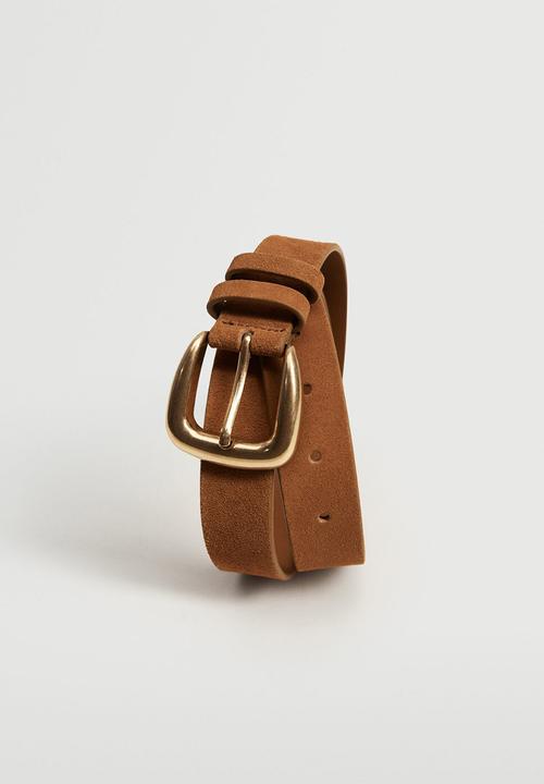 MANGO - Suede leather belt - brown
