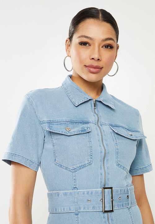 Missguided - Stretch zip through playsuit - light blue
