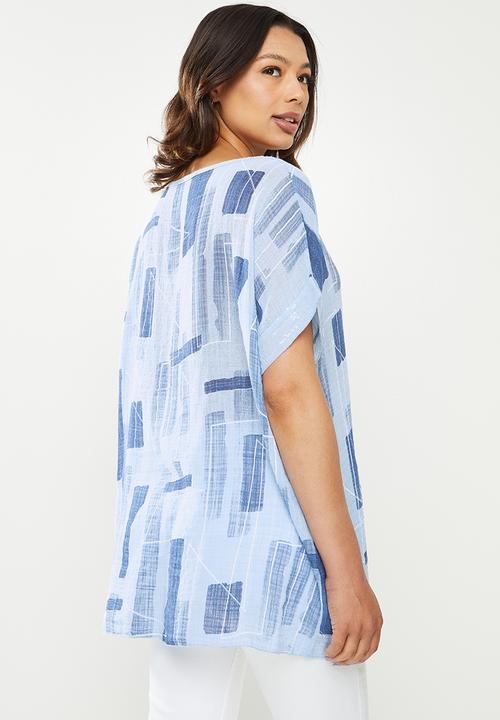 Stella Morgan - Abstract print oversized linen top - blue