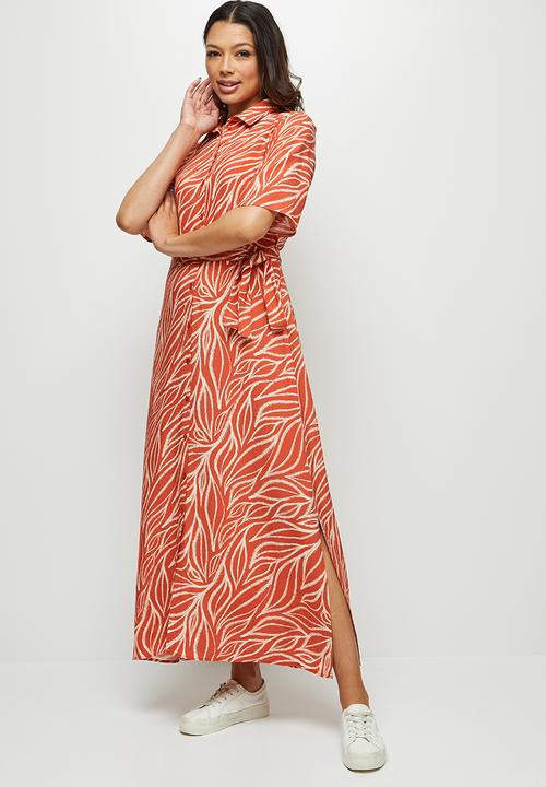 edit - Slit detail maxi shirt dress  - rust & white