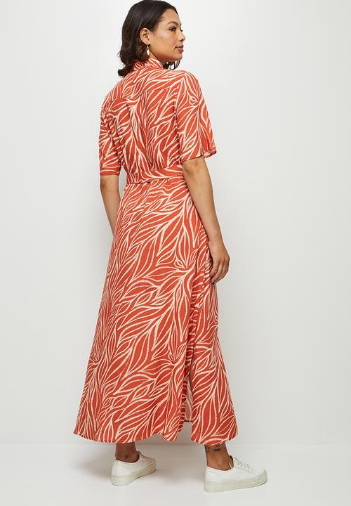 edit - Slit detail maxi shirt dress  - rust & white
