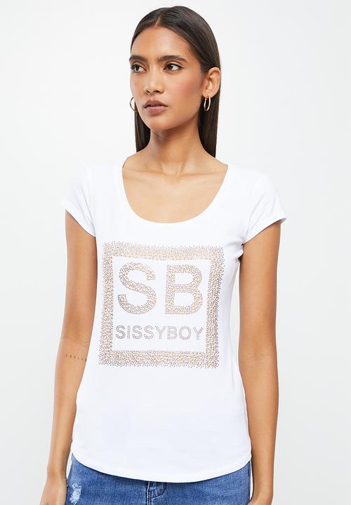 SISSY BOY - Juniper: basic round neck top with cap sleeves and bling logo - white