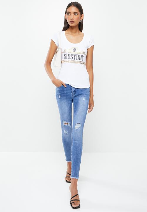 SISSY BOY - Tamri: basic round neck cap sleeve top with mixed prints and bling logo - white
