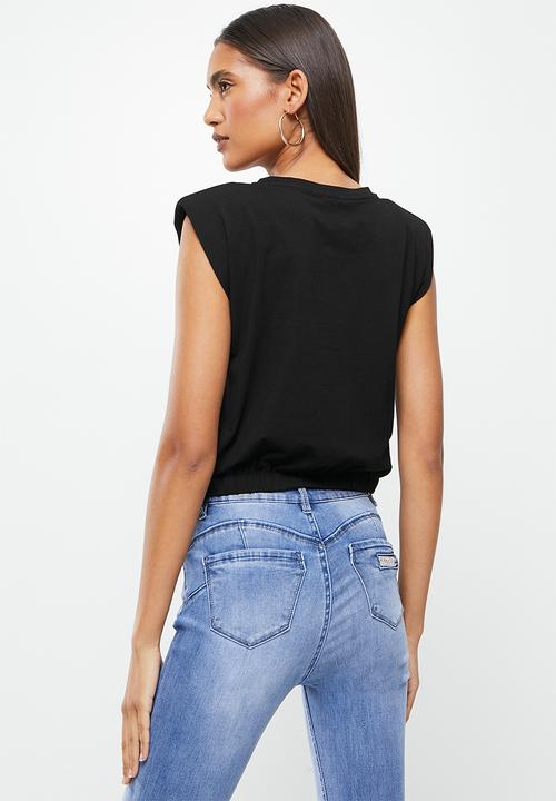 SISSY BOY - Lowell: basic, round neck, crop top with elasticated waist and padded shoulders - black