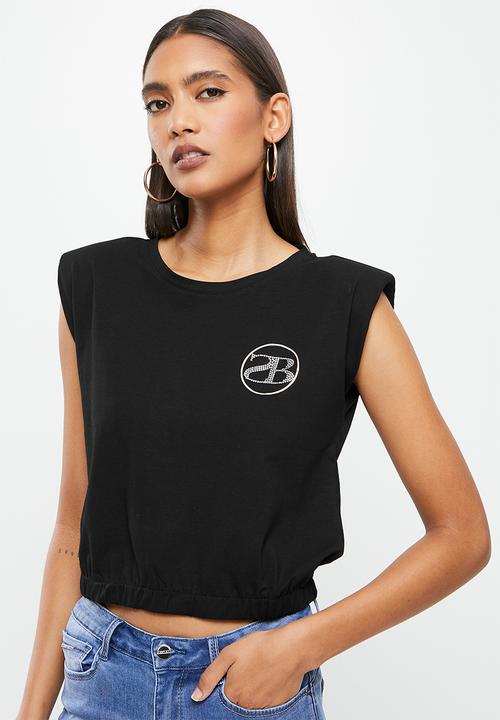 SISSY BOY - Lowell: basic, round neck, crop top with elasticated waist and padded shoulders - black