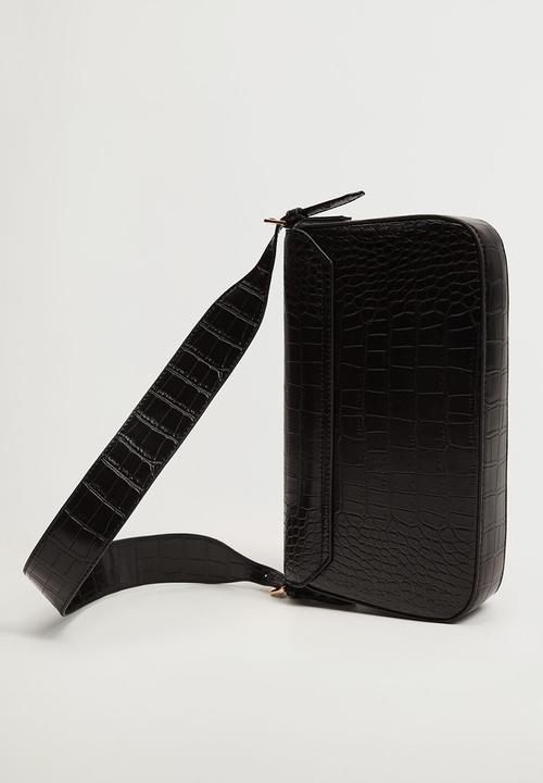 MANGO - Croc-effect flap bag - black