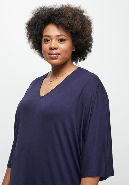 edit Plus - Longline knit V-neck tee - navy