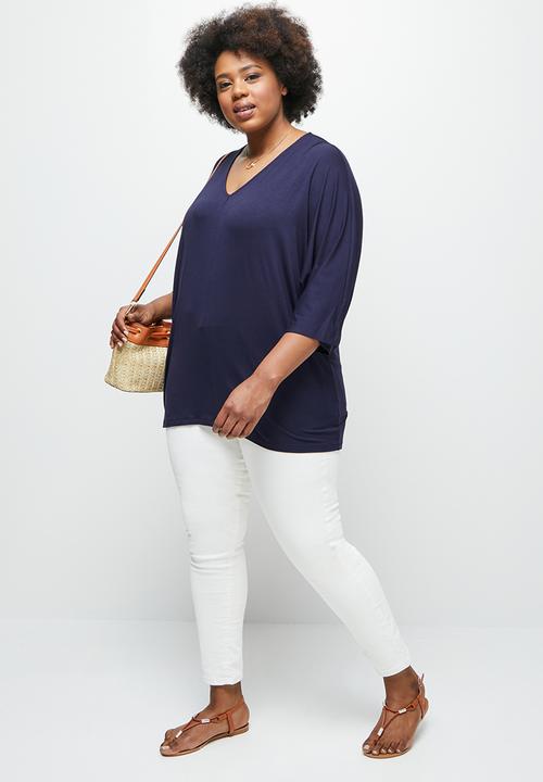 edit Plus - Longline knit V-neck tee - navy