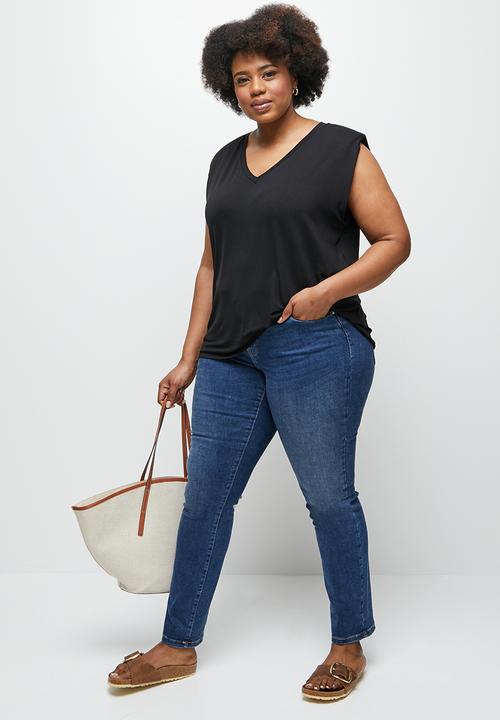 edit Plus - V-neck shoulder pad T-shirt - black