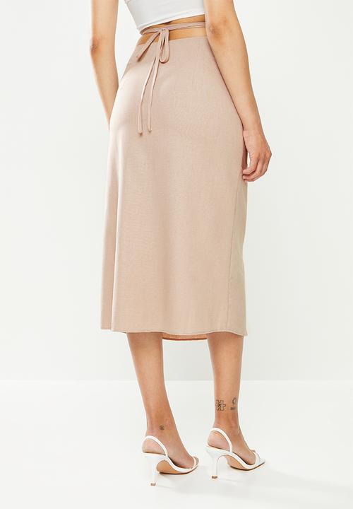 Missguided - Tie waist midaxi slip skirt linen - ecru