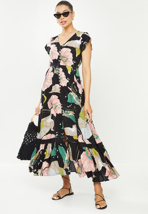 Revenge - Floral sleeveless maxi dress - black