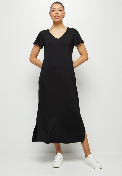 edit - Bamboo deep v-neck slit maxi dress - black