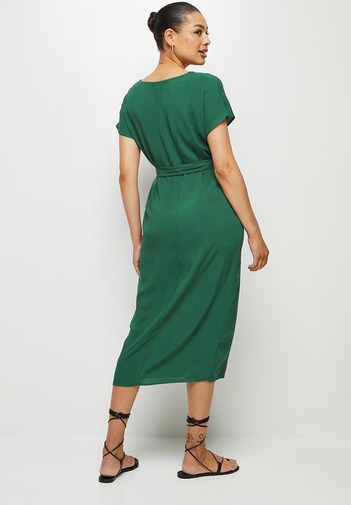 edit - Notch neck belted tunic dress - dark green