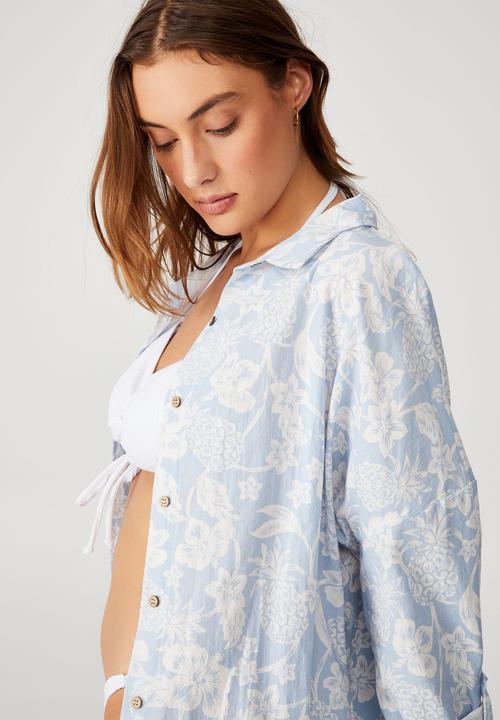 Cotton On - Swing beach shirt - pineapple hisbiscus sea salt blue