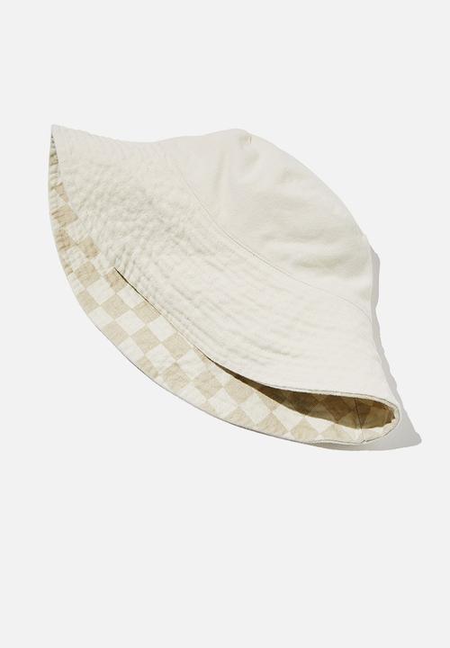 Rubi - Elly reversible wide brim bucket hat - tara checkerboard/linen taupe