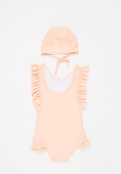 Pop Candy - Girls ruffle swimsuit and cap - peach