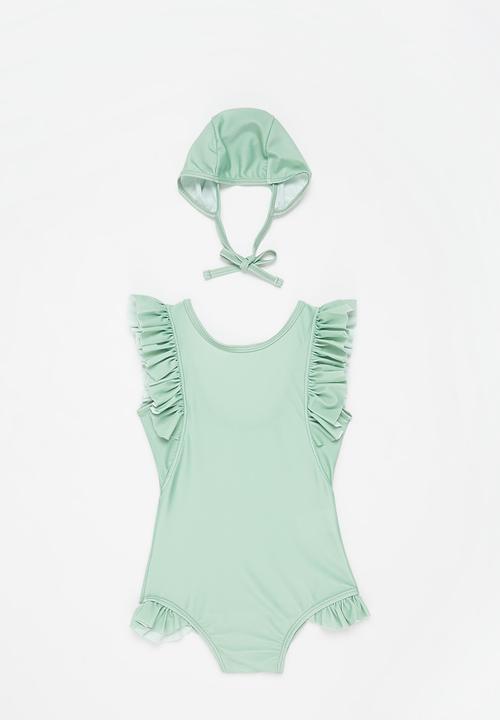 Pop Candy - Girls ruffle swimsuit and cap - green
