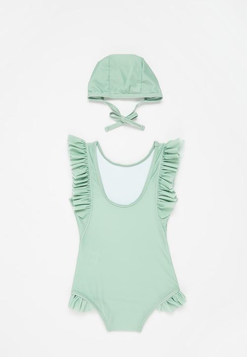 Pop Candy - Girls ruffle swimsuit and cap - green