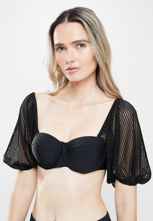 Missguided - Sheer stripe balloon sleeve bikini top - black