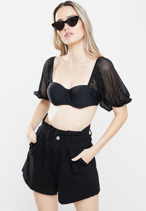 Missguided - Sheer stripe balloon sleeve bikini top - black