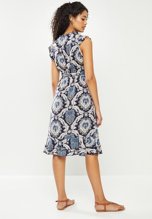 Stella Morgan - Floral sleeveless tie waist dress - navy