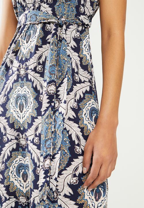 Stella Morgan - Floral sleeveless tie waist dress - navy