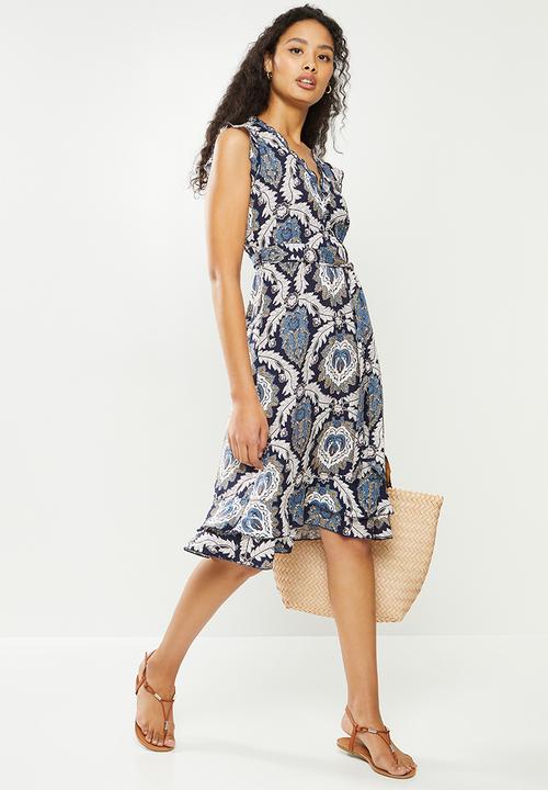 Stella Morgan - Floral sleeveless tie waist dress - navy