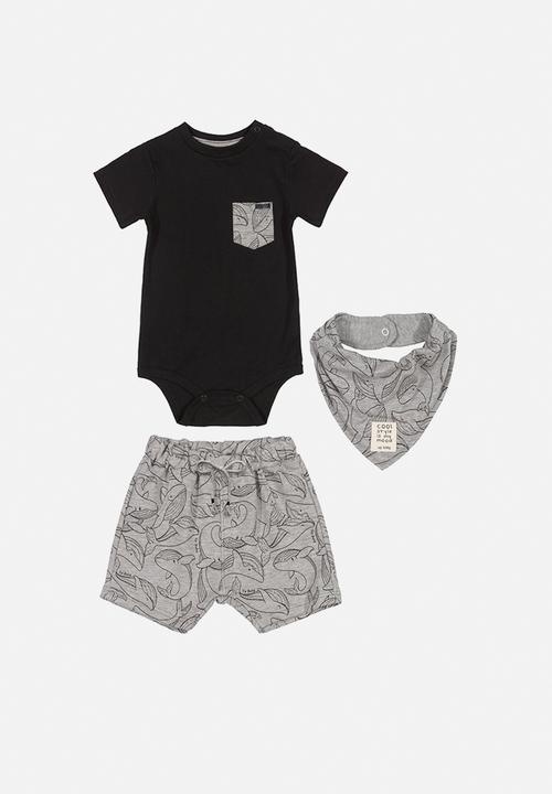UP Baby - Baby boys bodysuit, shorts & bib set - black & grey