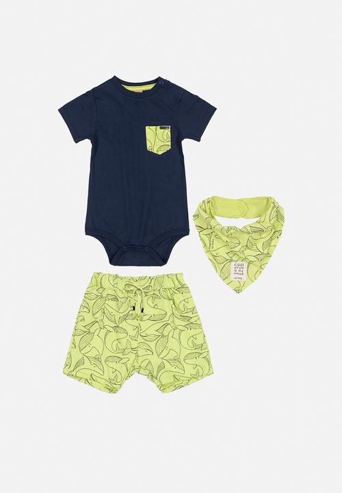 UP Baby - Baby boys bodysuit, shorts & bib set -dark blue & green