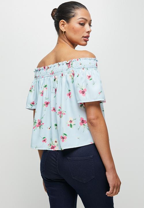 edit - Shirred flounced off the shoulder top - multi