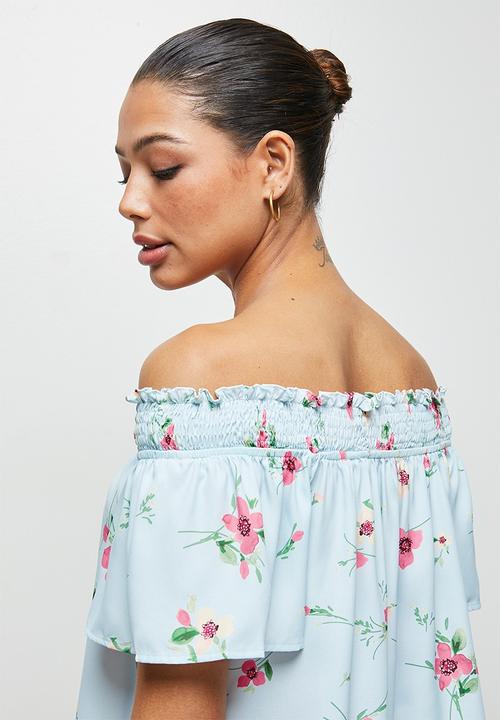 edit - Shirred flounced off the shoulder top - multi