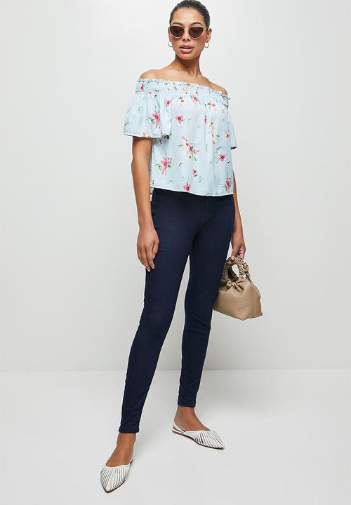 edit - Shirred flounced off the shoulder top - multi