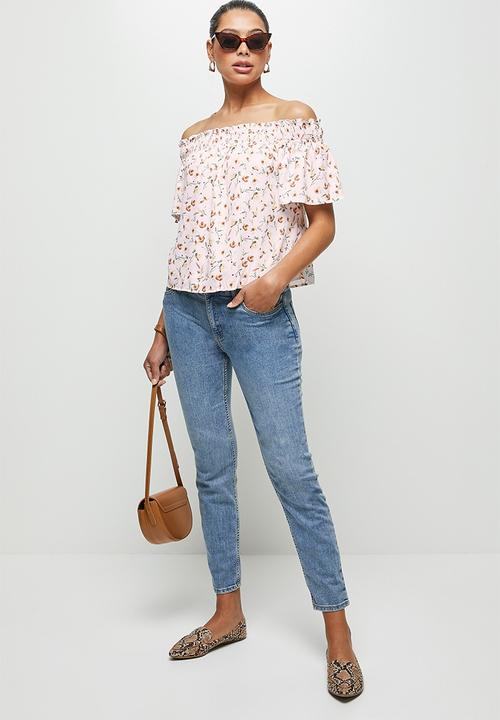 edit - Shirred flounced off the shoulder top - multi