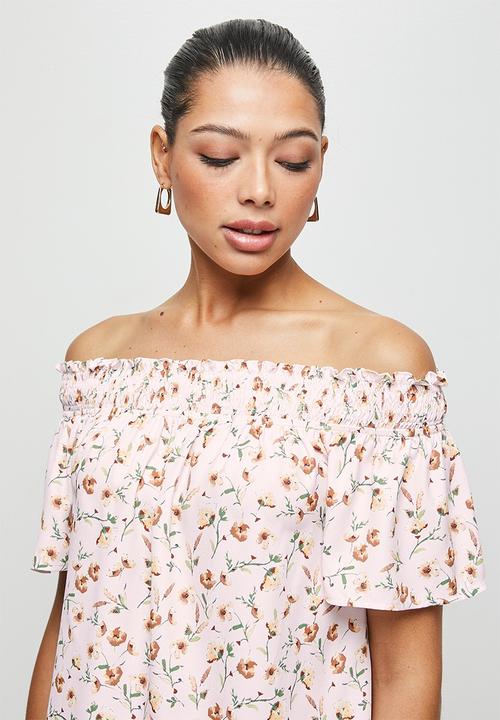 edit - Shirred flounced off the shoulder top - multi
