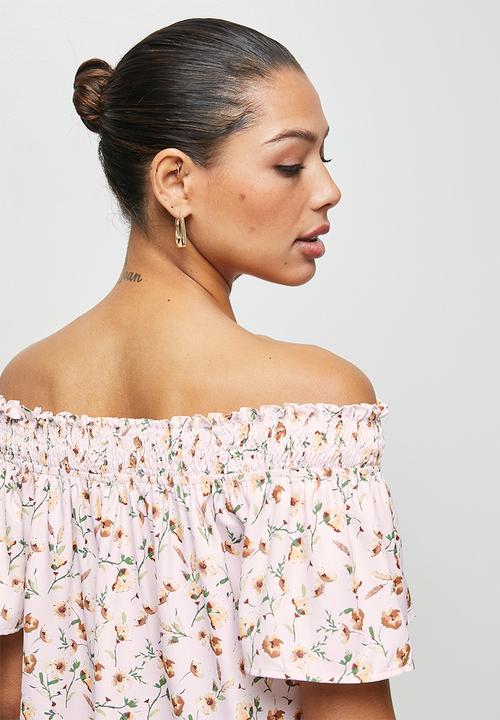 edit - Shirred flounced off the shoulder top - multi