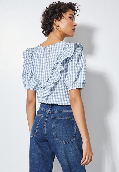 Superbalist - Gingham ruffle blouse - light blue and white