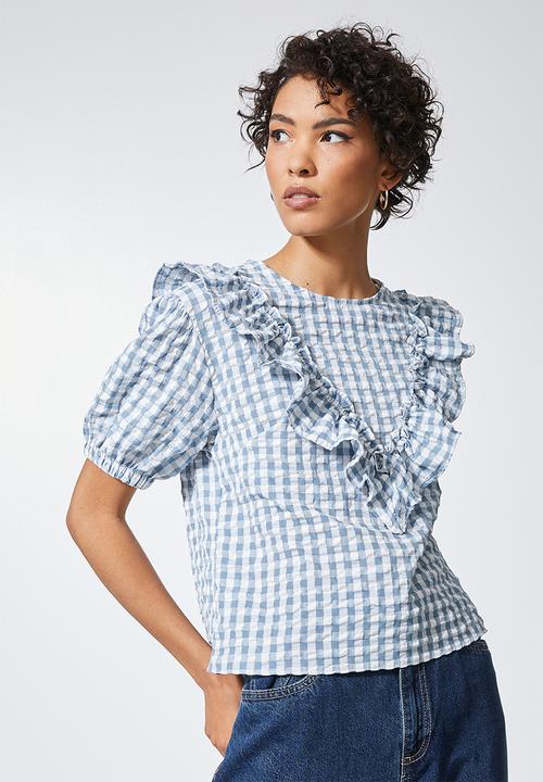 Superbalist - Gingham ruffle blouse - light blue and white