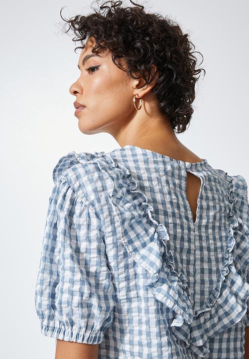 Superbalist - Gingham ruffle blouse - light blue and white