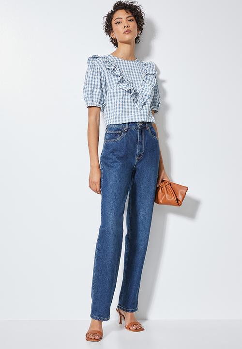 Superbalist - Gingham ruffle blouse - light blue and white