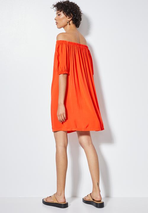 Superbalist - Puff sleeve off shoulder dress - tangerine
