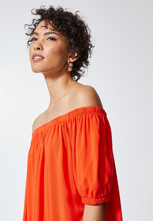 Superbalist - Puff sleeve off shoulder dress - tangerine