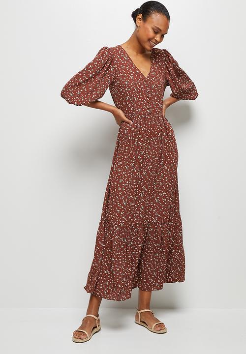 edit - Puff sleeve tiered maxi dress - brick ditsy