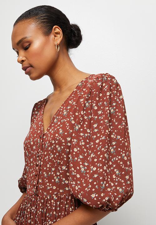 edit - Puff sleeve tiered maxi dress - brick ditsy