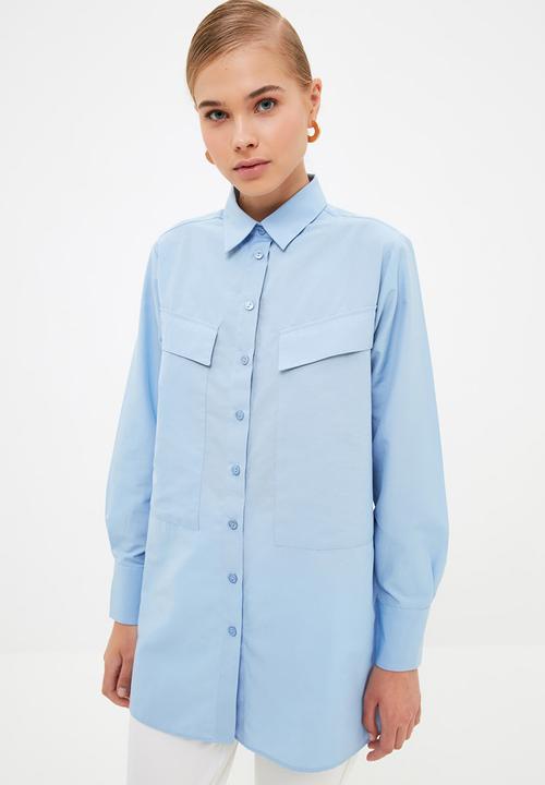 Trendyol - Longer length double pocket shirt - blue